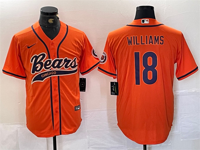 Men's Chicago Bears #18 Caleb Williams Orange With Patch Cool Base Stitched Baseball Jersey